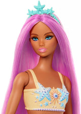 Păpușă Barbie Sirenă cu Păr și Bentiță Roz Fantezie, Păpușă cu Stea de Mare în Vârf și Înotătoare Codală Portocalie Moale, HRR05