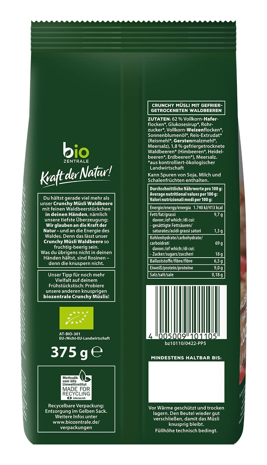 Muesli crocant cu fructe de pădure Biozentrale | 375 g Muesli organic | Ideal pentru micul dejun și pentru paharul tău de muesli la pachet | O alternativă la batoanele de muesli