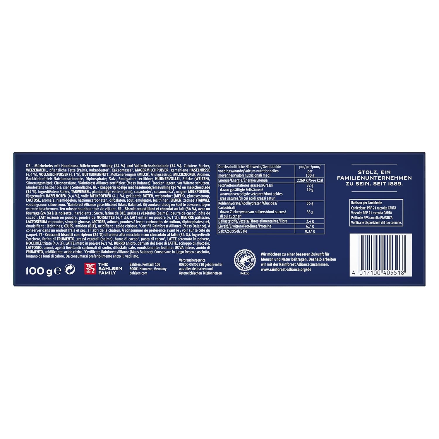 Bahlsen Cremă de alune și ciocolată, 100g, Biscuite crocante cu umplutură de cremă de alune și ciocolată cu lapte (1 x 100g)