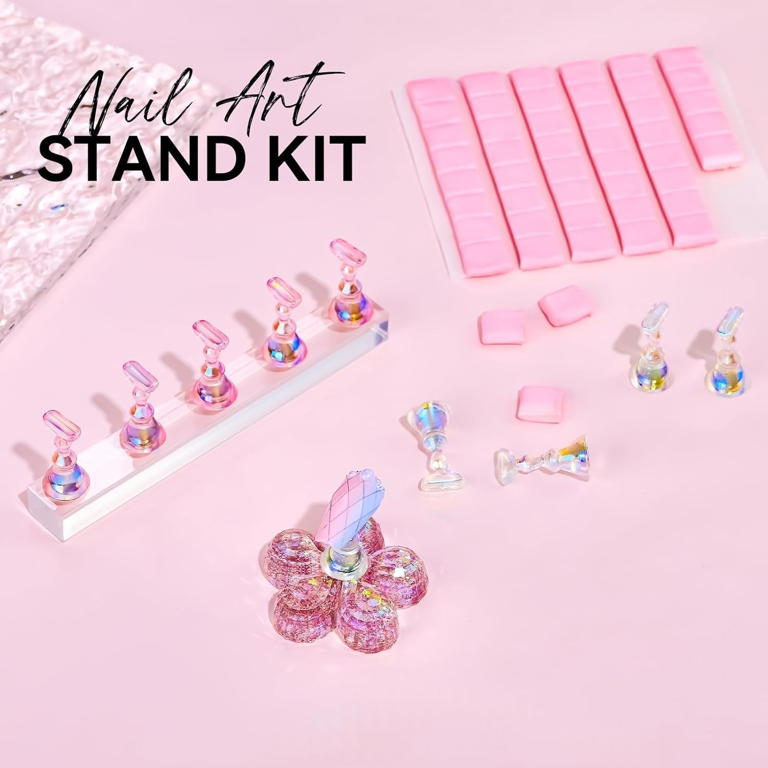 Suport acrilic pentru unghii Makartt, suport pentru unghii magnetic, suport pentru unghii, suport pentru unghii roz transparent, cu 48 de chit adeziv