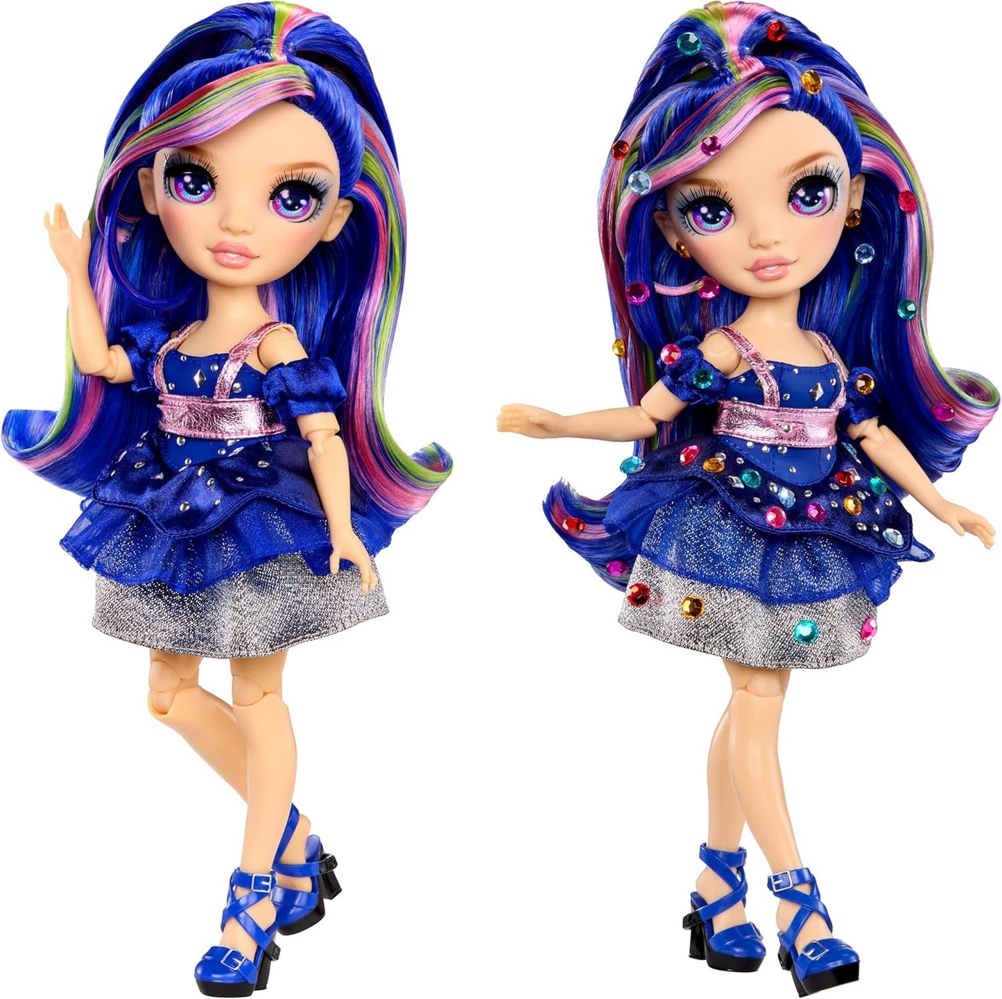 Rainbow High Be Dazzling – Genevieve Bleue – Păpușă de modă albastră, 28 cm, cu unealtă de decorat, pietre prețioase strălucitoare și accesorii de styling