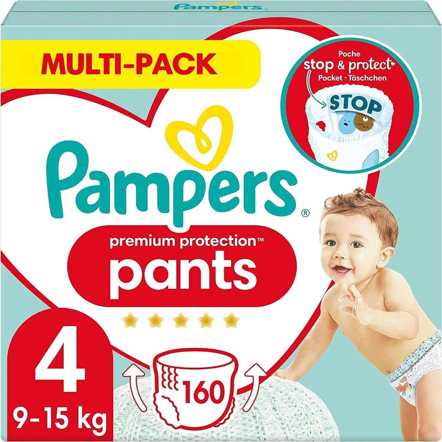 Scutece Pampers Premium Protection Pants mărimea 7, 123 scutece, 15 kg+, cu ajustare la 360° și manșete moi anti-scurgere pentru confort și protecție optime