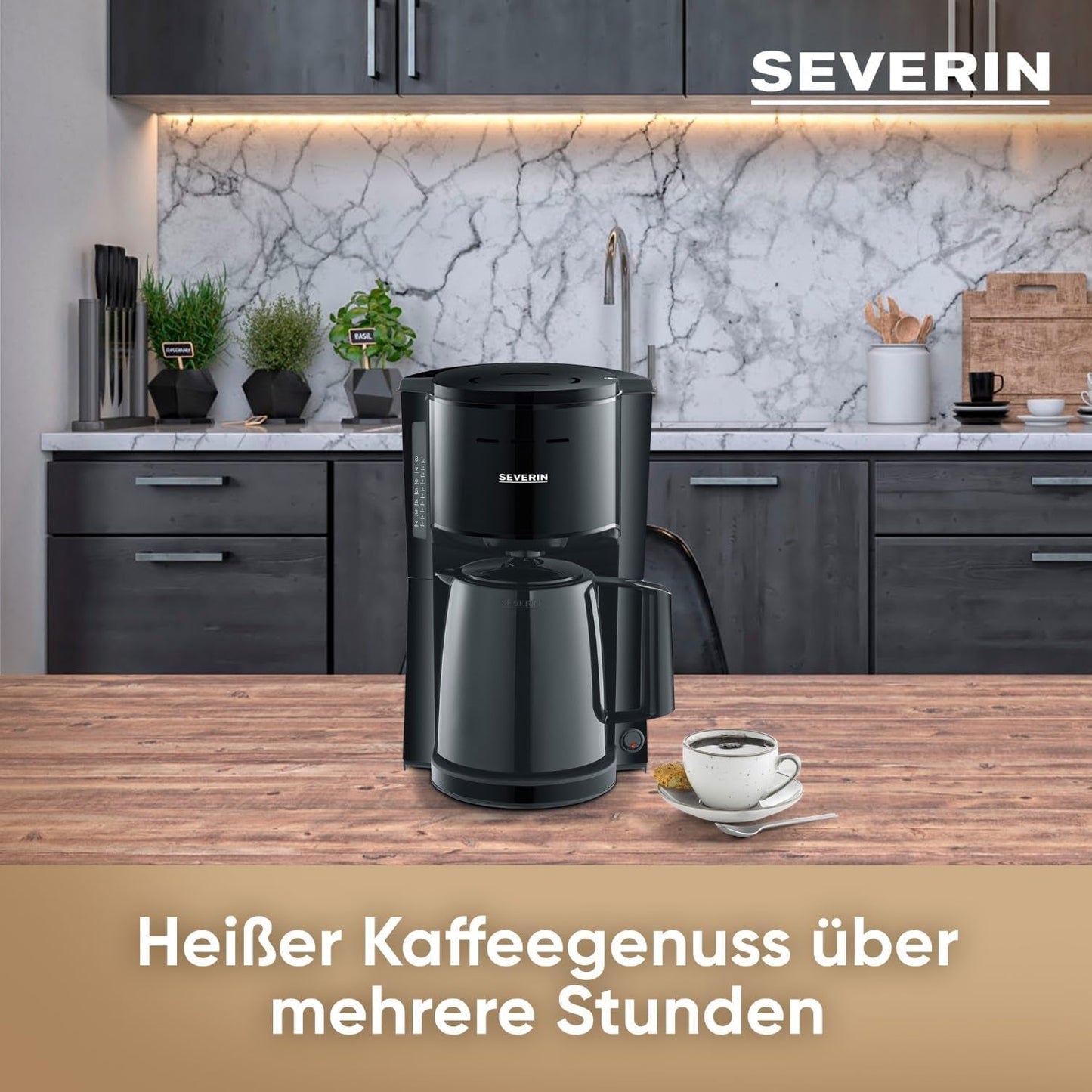 Aparat de cafea cu filtru SEVERIN cu carafă termică, aparat de cafea pentru până la 8 cești, aparat de filtru atractiv cu carafă izolată, negru, 1 litru, KA 9306
