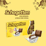 Schogetten pentru copii, tabletă de ciocolată 100g, ciocolată cu lapte cu umplutură cremoasă de lapte, porționată convenabil. O delicatesă. Bucată cu bucată.