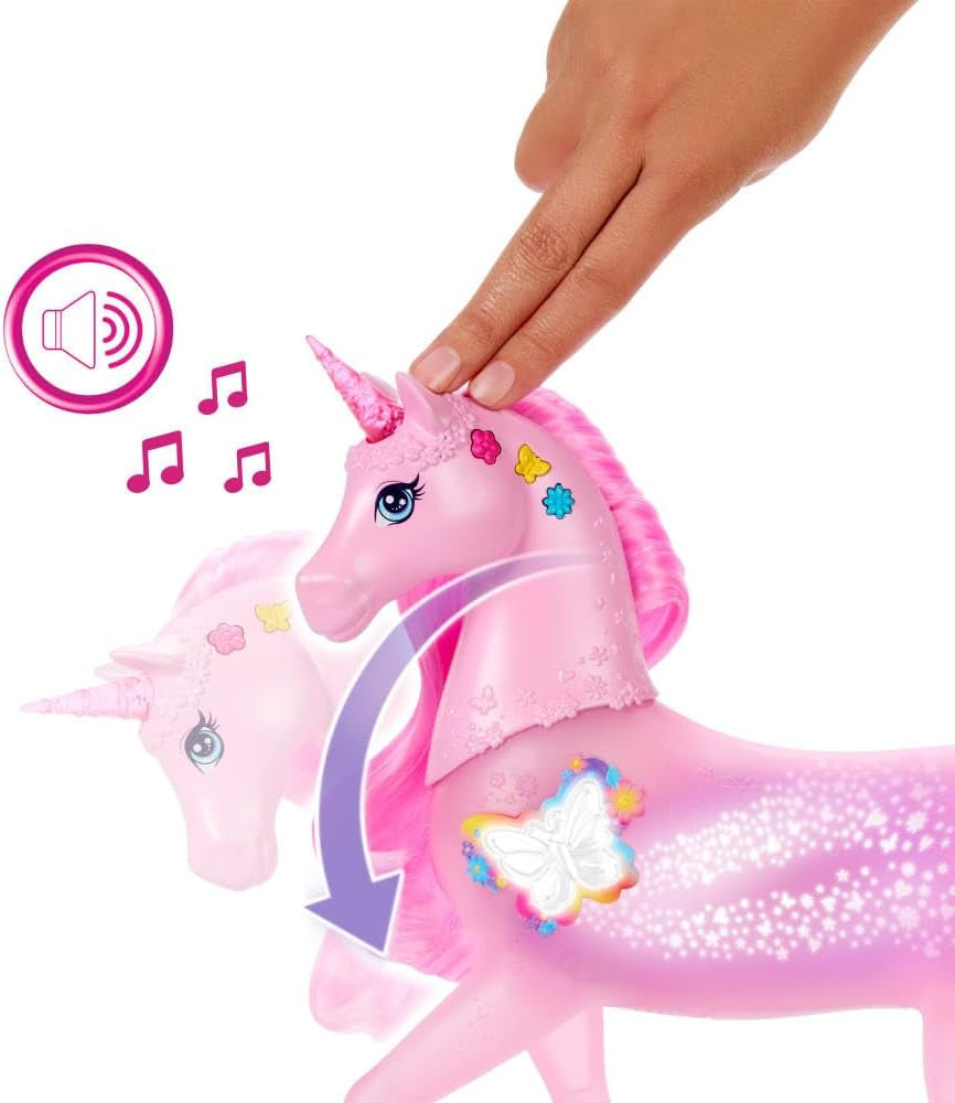 Barbie unicorn strălucitor care luminează în întuneric cu 20 de combinații interactive de efecte de lumină, sunete și muzică, pentru joacă prin apăsarea butoanelor și mângâierea capului, JCP78