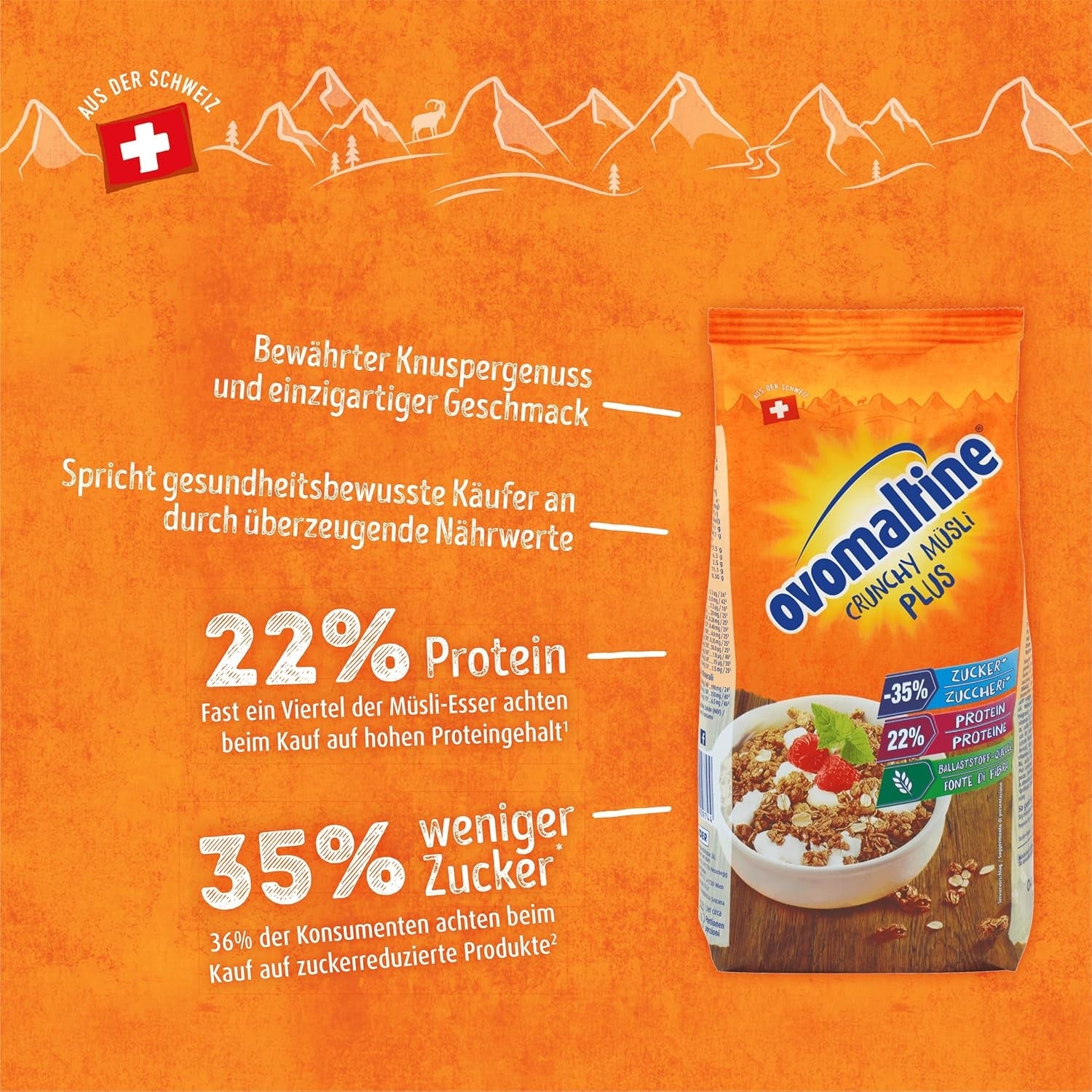 Ovomaltine Crunchy Protein Muesli Plus - Mix crocant de cereale cu fulgi de ovăz, care conține 22% proteine, cu o treime mai puțin zahăr și o crocanță incomparabilă (1 x 300g)