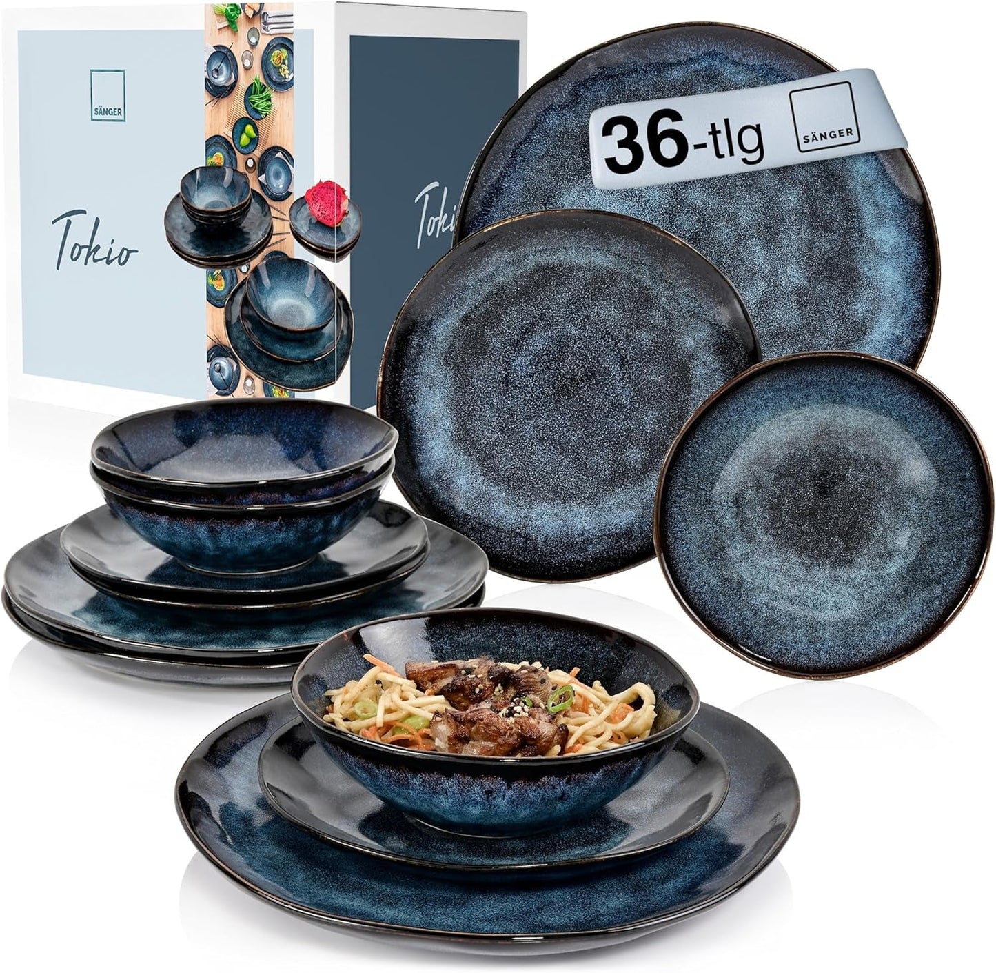 Sänger | Set de veselă Tokyo cu 36 de piese, veselă pentru 12 persoane, set de veselă din gresie, modern lucrat manual, veselă albastru închis cu accente negre | COLECȚIA PREMIUM