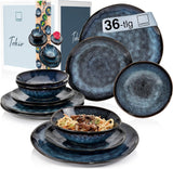 Sänger | Set de veselă Tokyo cu 36 de piese, veselă pentru 12 persoane, set de veselă din gresie, modern lucrat manual, veselă albastru închis cu accente negre | COLECȚIA PREMIUM