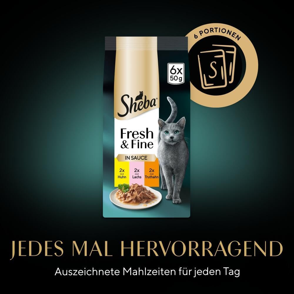 Sheba Portion Pouches Hrană umedă pentru pisici, pachet multiplu Fresh & Fine în sos cu pui și somon MSC, 6x6x50g - Mese rafinate pentru pisici în sos
