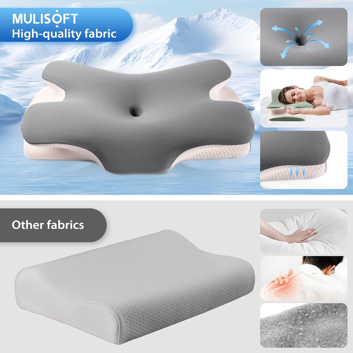 Pernă din spumă de memorie MULISOFT, Pernă confortabilă pentru cap, Pernă de susținere a gâtului, Pernă ergonomică pentru somn lateral (gri) Perne ortopedice cervicale Naty Shop