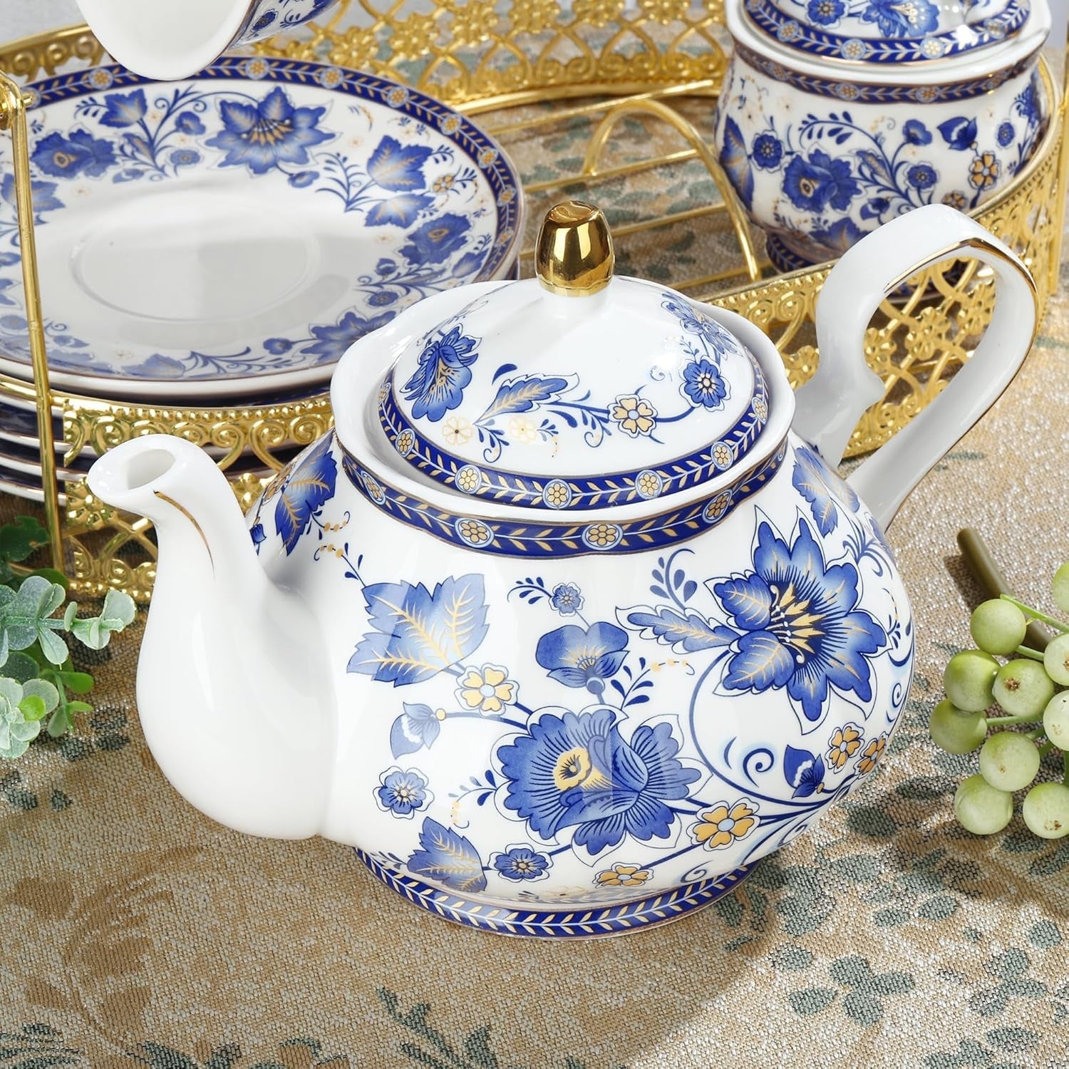 Set de ceai din porțelan cu flori albastre fanquare și suport metalic, ceașcă de cafea și farfurie vintage din porțelan, set de cafea englezesc pentru adulți