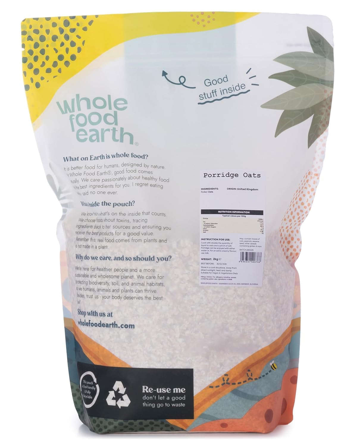 Fulgi de ovăz Wholefood Earth 2 kg | Fără OMG | Bogat în fibre
