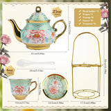 Set de ceai din ceramică cu suport metalic, set de ceai din porțelan cu 20 de piese cu motiv floral vintage, set de ceai în stil european pentru 6 persoane, ceașcă de ceai din ceramică de 160 ml, ceainic de 700 ml, pentru petreceri