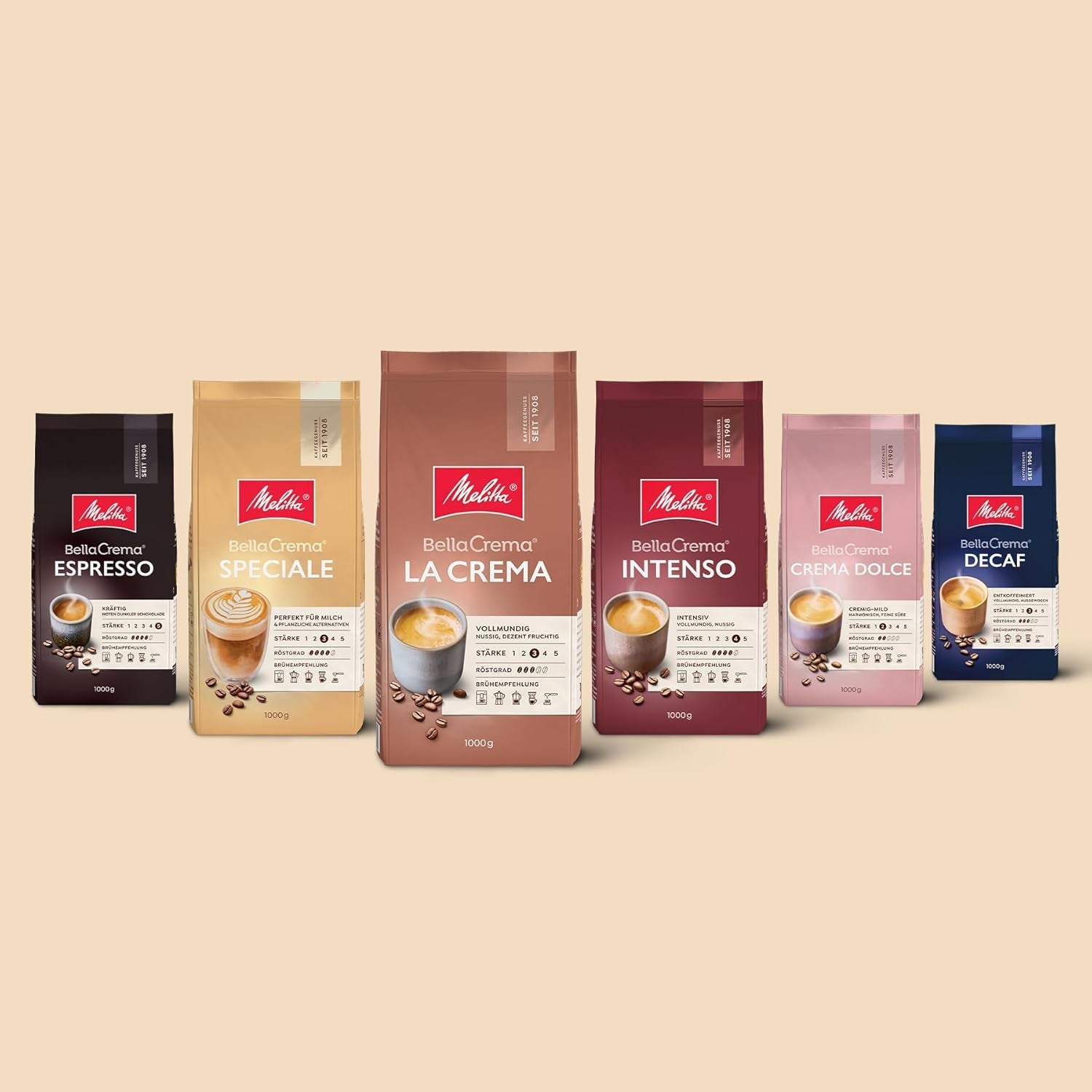 Boabe de cafea Melitta BellaCrema Crema Dolce 1 kg, nemăcinate, boabe de cafea pentru aparate de cafea complet automate, prăjite ușor, prăjite în Germania, intensitate 2