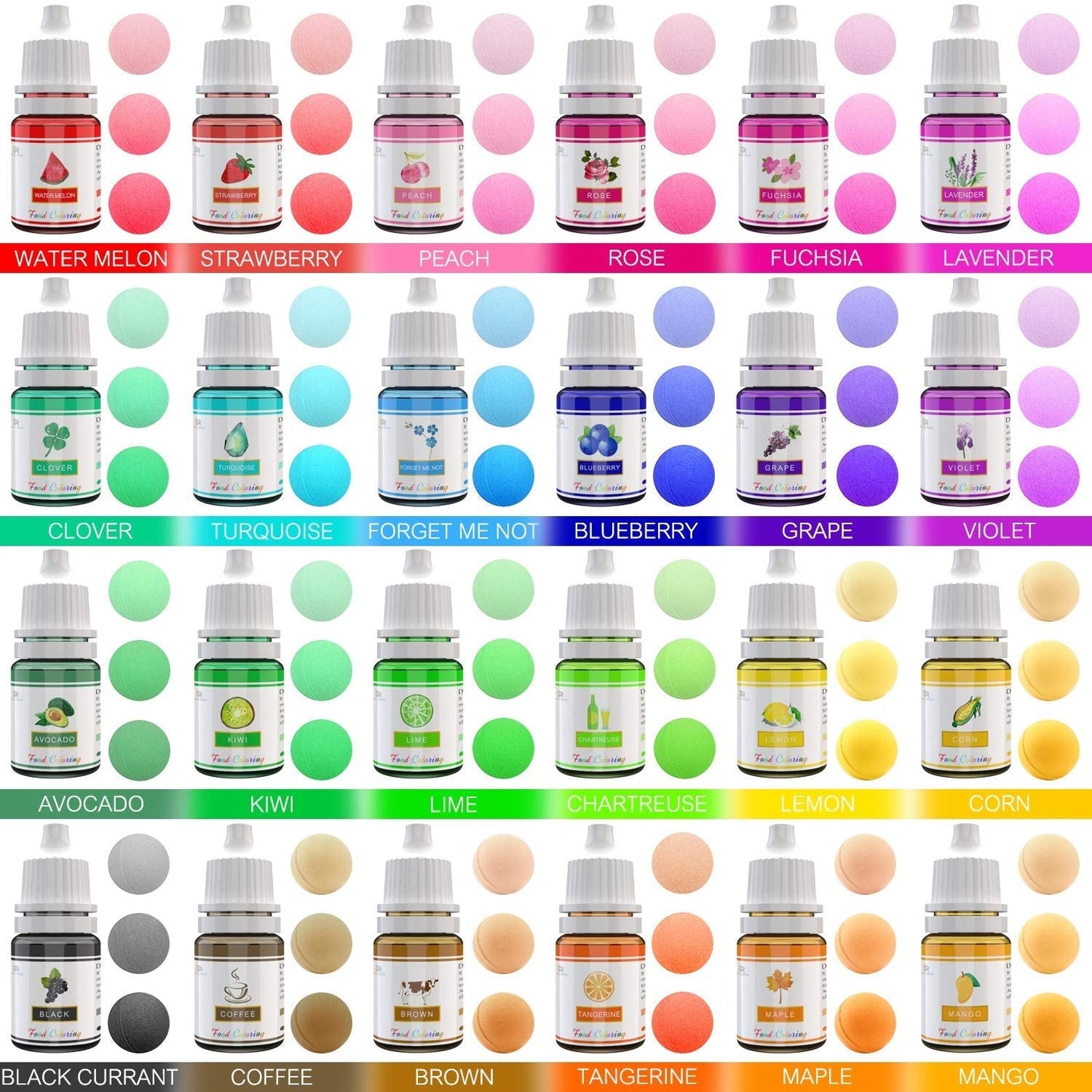 Colorant alimentar - Set de 24 de culori colorant alimentar lichid pentru copt torturi, fursecuri, fondant, macaroane - Colorant alimentar pentru decorarea torturilor, săpunuri DIY, colorant pentru artizanat - 6 ml fiecare