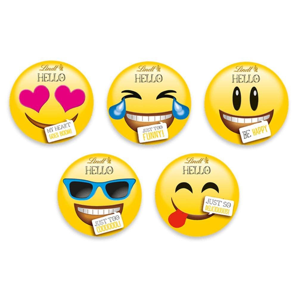 Asortiment de ciocolată (37 bile LINDOR, 24 bețișoare Hello Mini, 10 Mini Fioretto), cadou de ciocolată (1 x 815 g) și HELLO Mini Emoti, ciocolată cu lapte în 5 modele de emoticonuri, 164 g