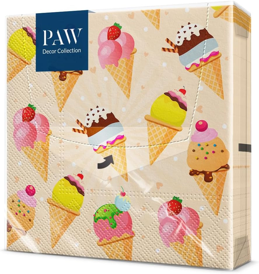 PAW - Șervețele 3 straturi (33 X 33 Cm) I 20 bucăți I Perfect pentru petreceri, zile de naștere, sărbători I Decorațiuni de masă pentru petrecerile copiilor - Șervețele de hârtie colorate cu motiv - Ice Cream I Ice Cream
