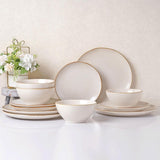 Set de veselă Tempus Series, Set de veselă pentru 6 persoane, Set de veselă din gresie, Set de farfurii cu 18 piese, Glazură reactivă, Potrivit pentru cuptorul cu microunde și mașina de spălat vase, Alb antic