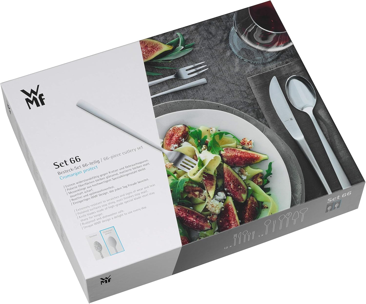 WMF Corvo Besteck Set 12 Personen, 66 Teilig, 60 Teile Mit Servierbesteck, Hohlheftmesser, Cromargan Protect Mattiert, Kratzbeständig, Spülmaschinenfest Bucatarie Naty Shop