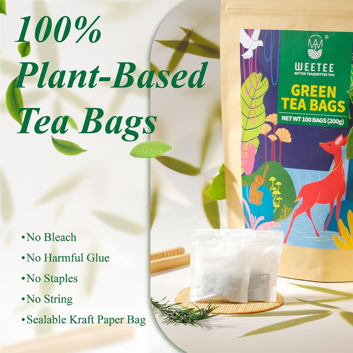 WEETEE Pliculețe de ceai verde, 100 bucăți Pliculețe de ceai verde, ceai verde pur, super antioxidant | Pliculețe resigilabile | Preparare fierbinte sau rece