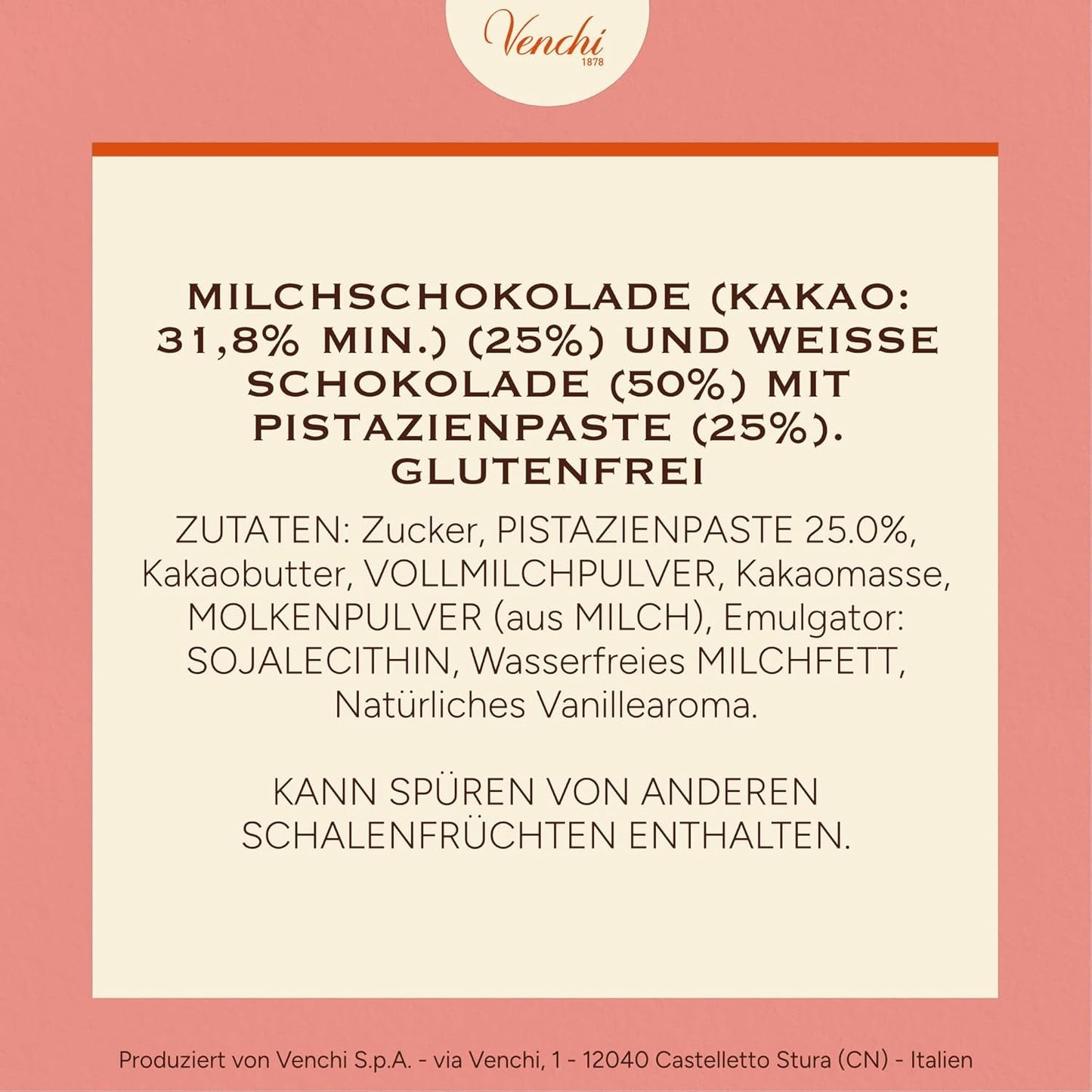 Venchi - Cremino Pistachio Bar, 110g, baton de ciocolată din ciocolată cu lapte și albă cu pastă de fistic, rețetă în trei straturi cu arome mediteraneene, fără gluten, fără coloranți artificiali