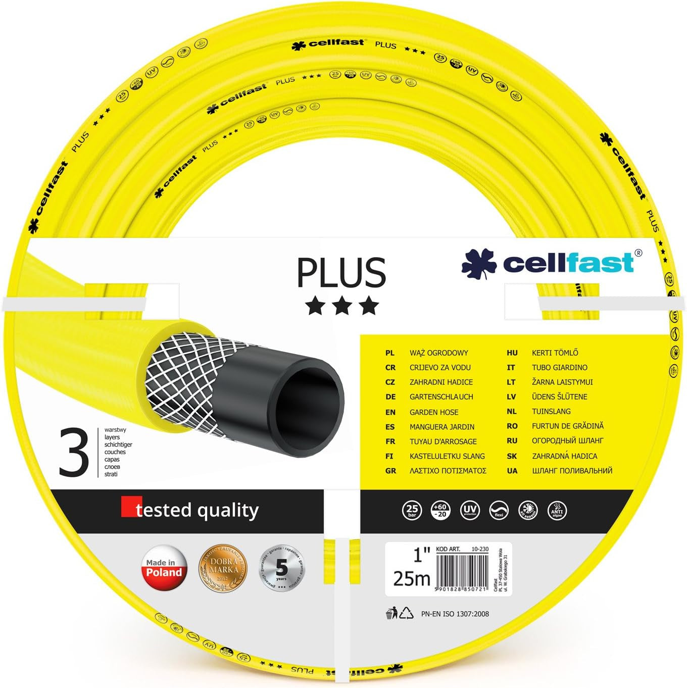 Furtun de grădină CELLFAST, 3,4 inch, furtun de apă cu 3 straturi, pentru grădină, furtun de irigații flexibil cu armare din fire durabile, rezistent la UV, anti-alge, 25 bar, 50 de metri și mai mult