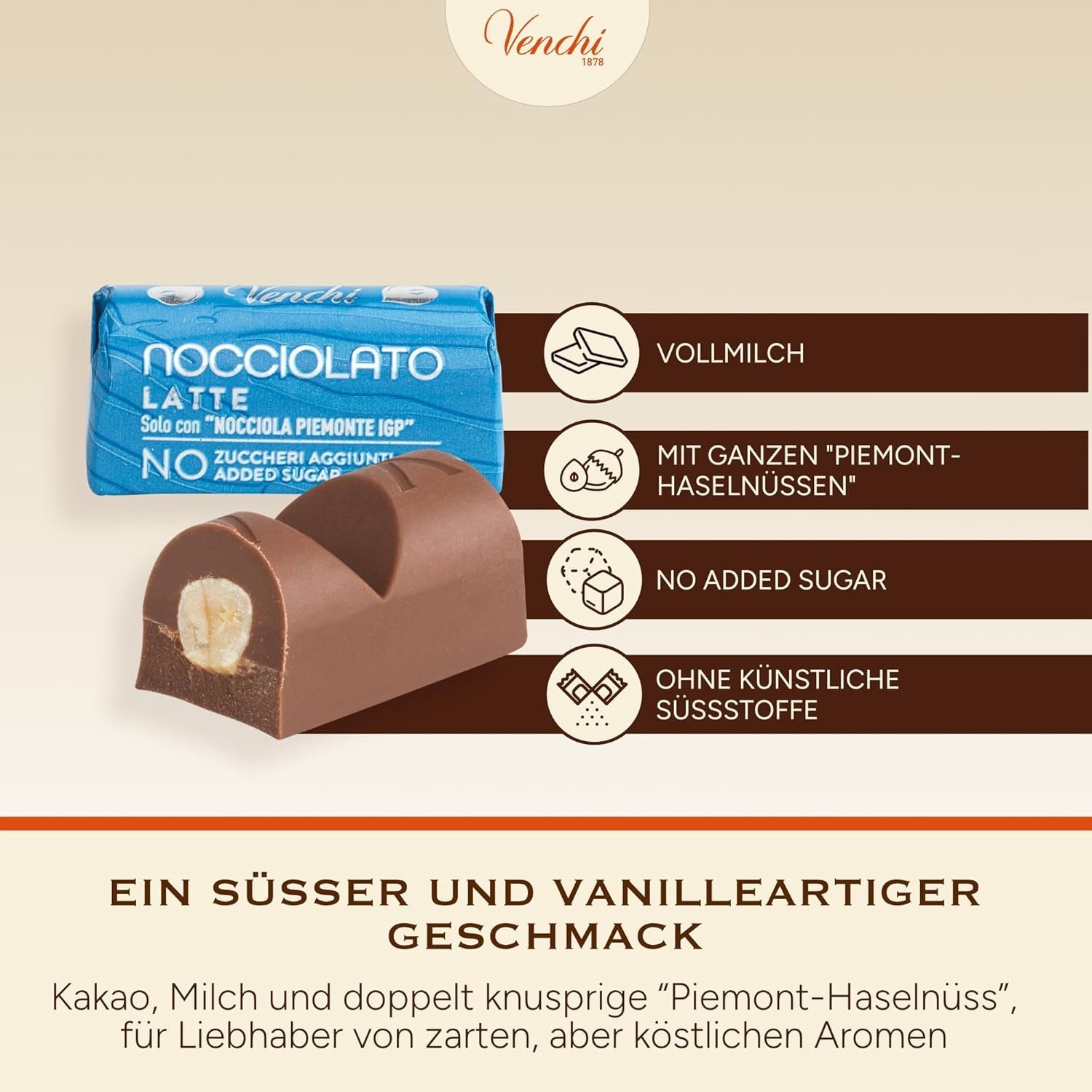 Venchi - Batoane de ciocolată cu lapte și alune de pădure - 70% zahăr - Praline cu alune de pădure IGP Piemont întregi, 1 kg - Fără gluten