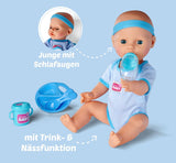 Simba 105030044 - Păpușă nou-născută - Băiat, Păpușă din vinil integral cu ochi adormiți, funcție de băut și ud și accesorii, 8 piese, 43 cm, Păpușă bebeluș, vârste 3+