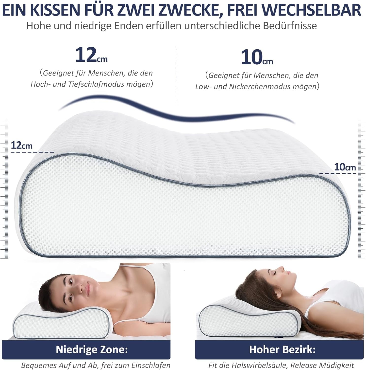 Pernă BedStory din spumă cu memorie, pernă cu suport pentru gât reglabilă pe înălțime, pernă ergonomică, pernă pentru dormit pe o parte pentru cei care dorm pe spate și pe burtă (60x36x12/10 cm)