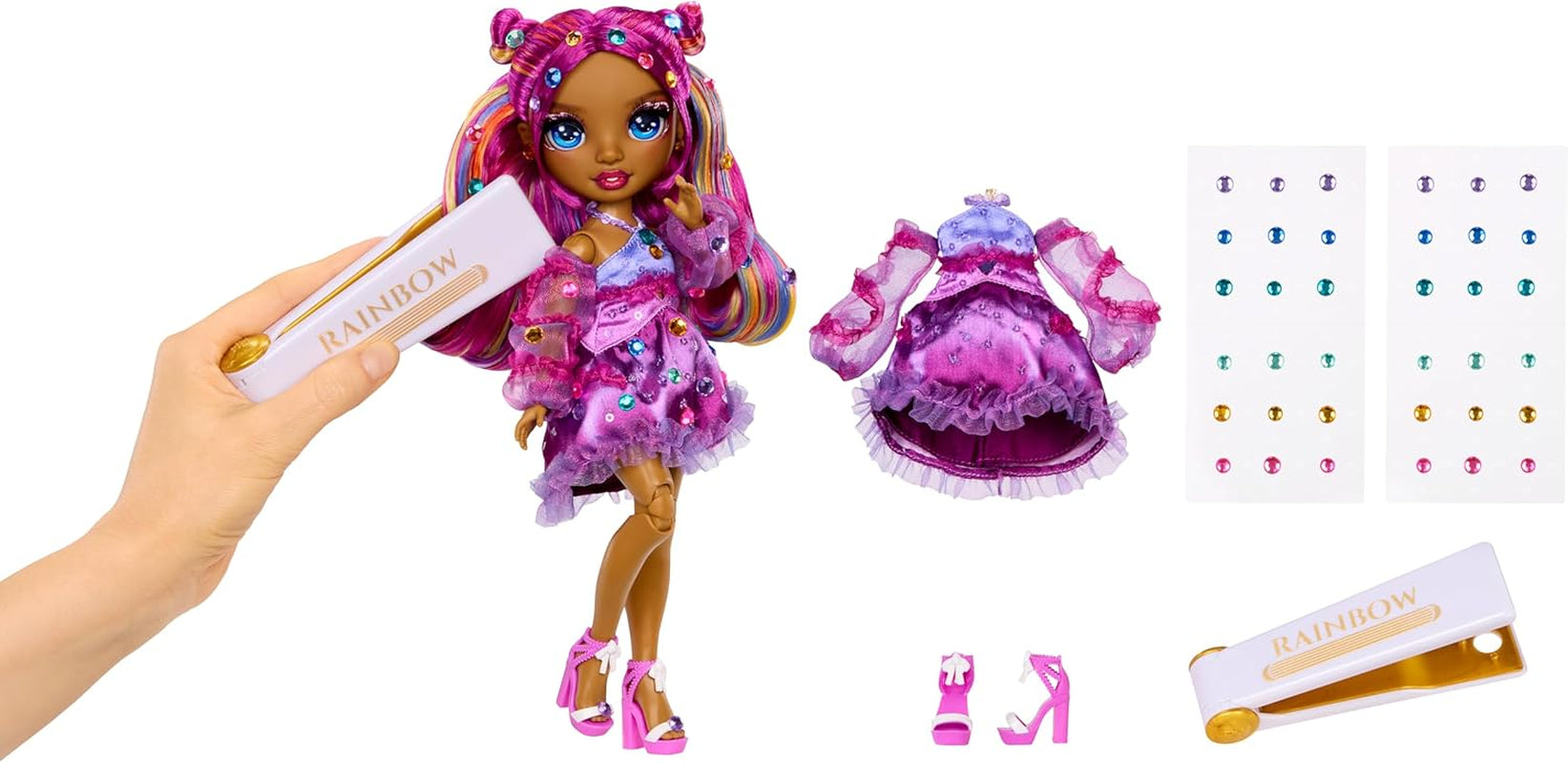Rainbow High Be Dazzling – Noemie Violette – Păpușă la modă liliac 28 cm cu unealtă de decorat, pietre prețioase strălucitoare și accesorii de styling