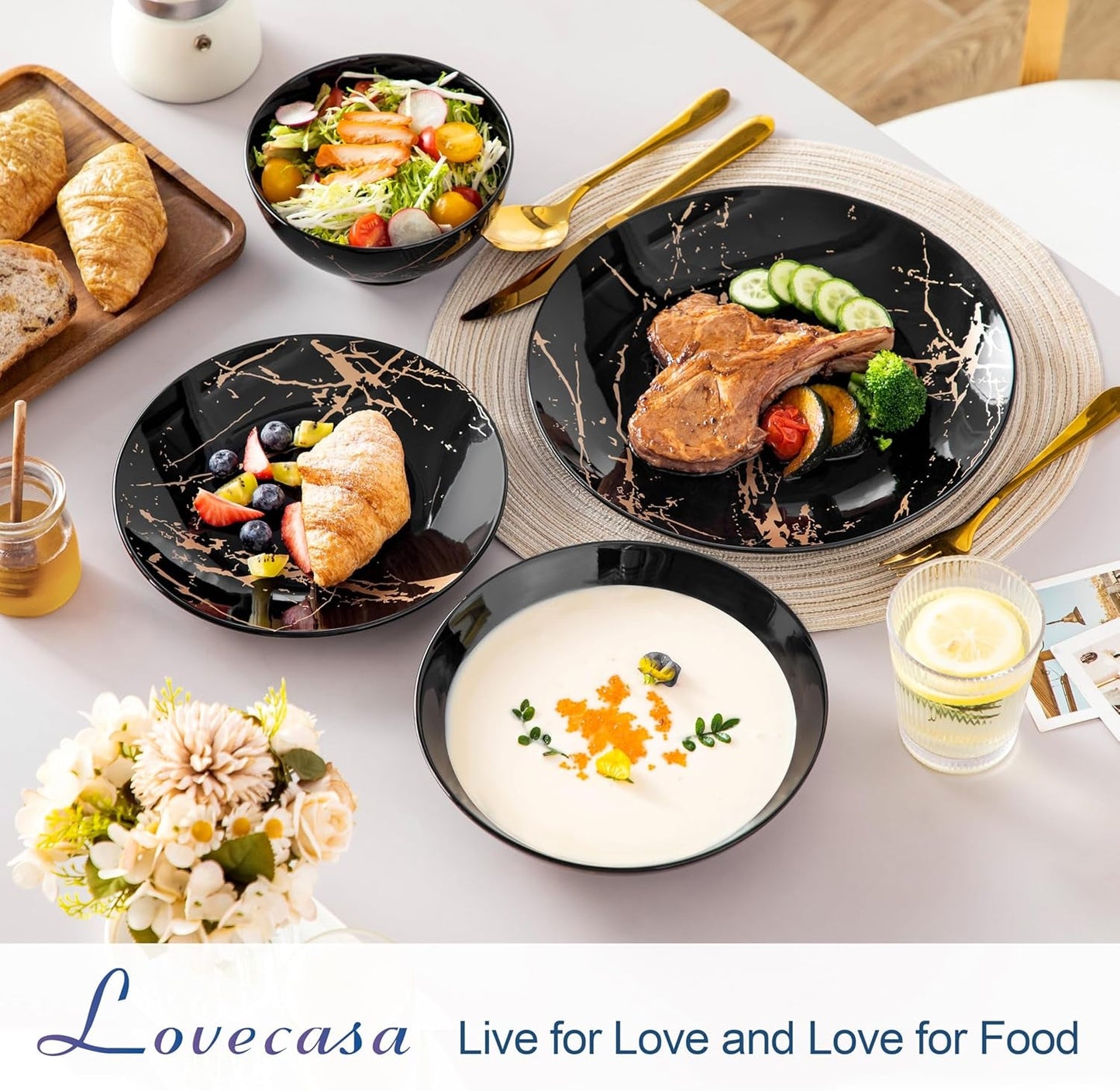 Set de veselă din porțelan LOVECASA, seria Daphne, set combinat SWEET cu 24 de piese, set de veselă cu design auriu, farfurii de cină, farfurii de desert, boluri pentru cereale și farfurii de sumă pentru 6 persoane