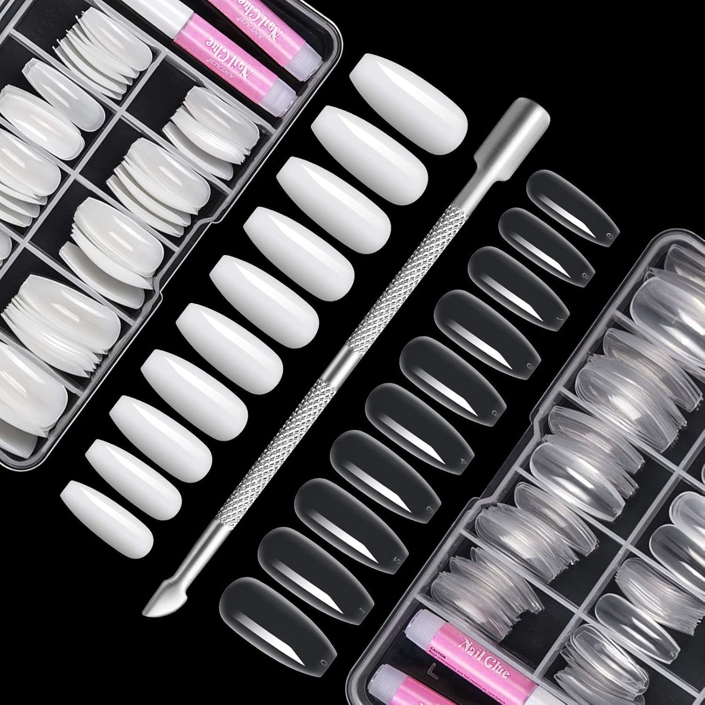 200 bucăți vârfuri de unghii false, 10 mărimi unghii artificiale acrilice cu împingător de cuticule și cutie transparentă pentru femei și fete (naturale și transparente)