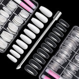 200 bucăți vârfuri de unghii false, 10 mărimi unghii artificiale acrilice cu împingător de cuticule și cutie transparentă pentru femei și fete (naturale și transparente)