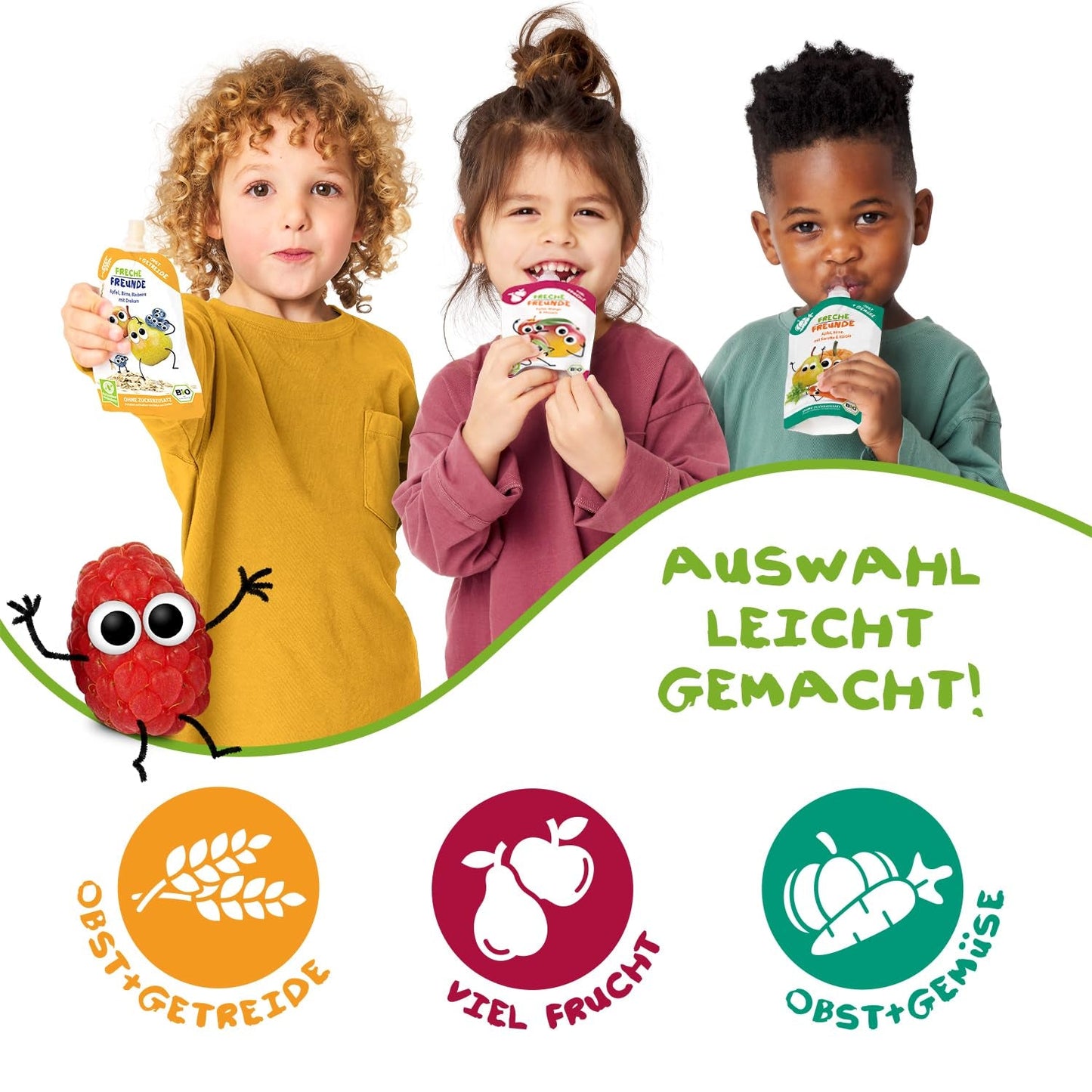 FRECHE FREUNDE Pungă de fructe bio, compresibilă, cu mere, banane, spanac și castravete, piure de fructe cu legume într-o pungă compresibilă pentru bebeluși de la 6 luni, vegan, pachet de 6 (6 x 100g)