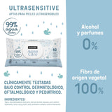 Șervețele umede Suavinex Aqua Care pentru bebeluși, 60 de unități, șervețele demachiante 99% apă, fibre de origine vegetală, cu aloe vera, fără parfum și alcool, testate dermatologic, potrivite pentru pielea sensibilă