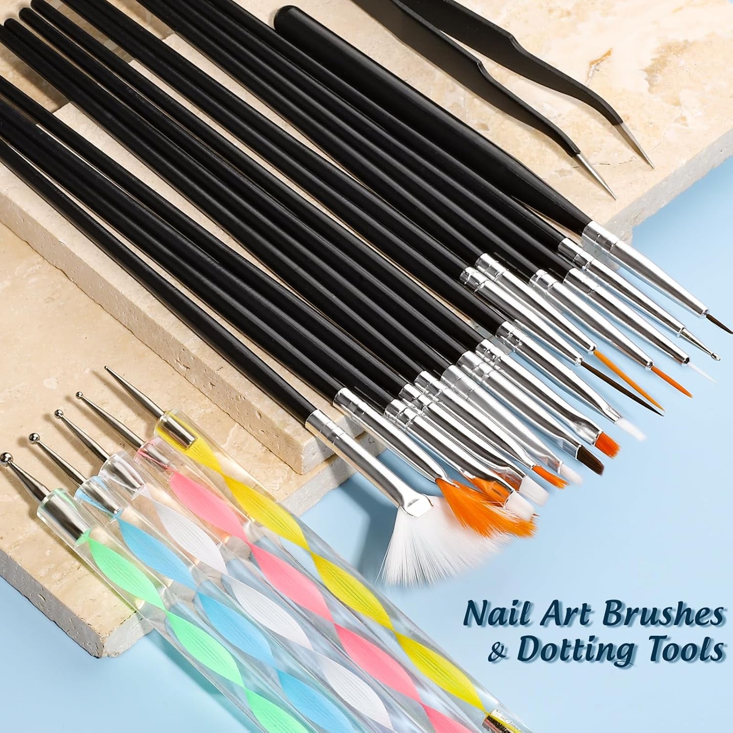 FANDAMEI Pinsel Für Gelnägel, 15 Pcs Nagel Pinsel, 5 Blätter Nagelsticker, Strasssteine Nägel, Nageldesign Set, Nageldesign Zubehör, Nail Art Pinsel Set, Nailart Pinsel Und Dekorationen Set