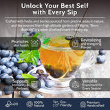 Blooms &amp; Leopard Premium Green Tea Bags – Amestec Berry Borealis cu hibiscus, afine, căpșuni și mentă verde – 20 pliculețe de ceai piramidale pentru ceai cald sau rece
