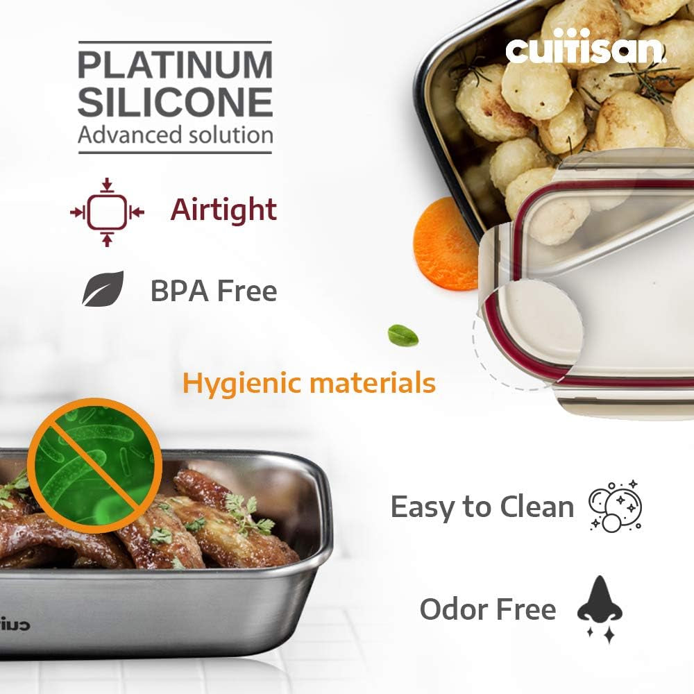 CANDL Cuitisan (Flora) borcan de depozitare a alimentelor din oțel inoxidabil cu capac cu clip, dreptunghiular, potrivit pentru cuptor cu microunde + cuptor, borcan de depozitare, EC7-SS10 2800ml Cutii depozitare alimente Naty Shop