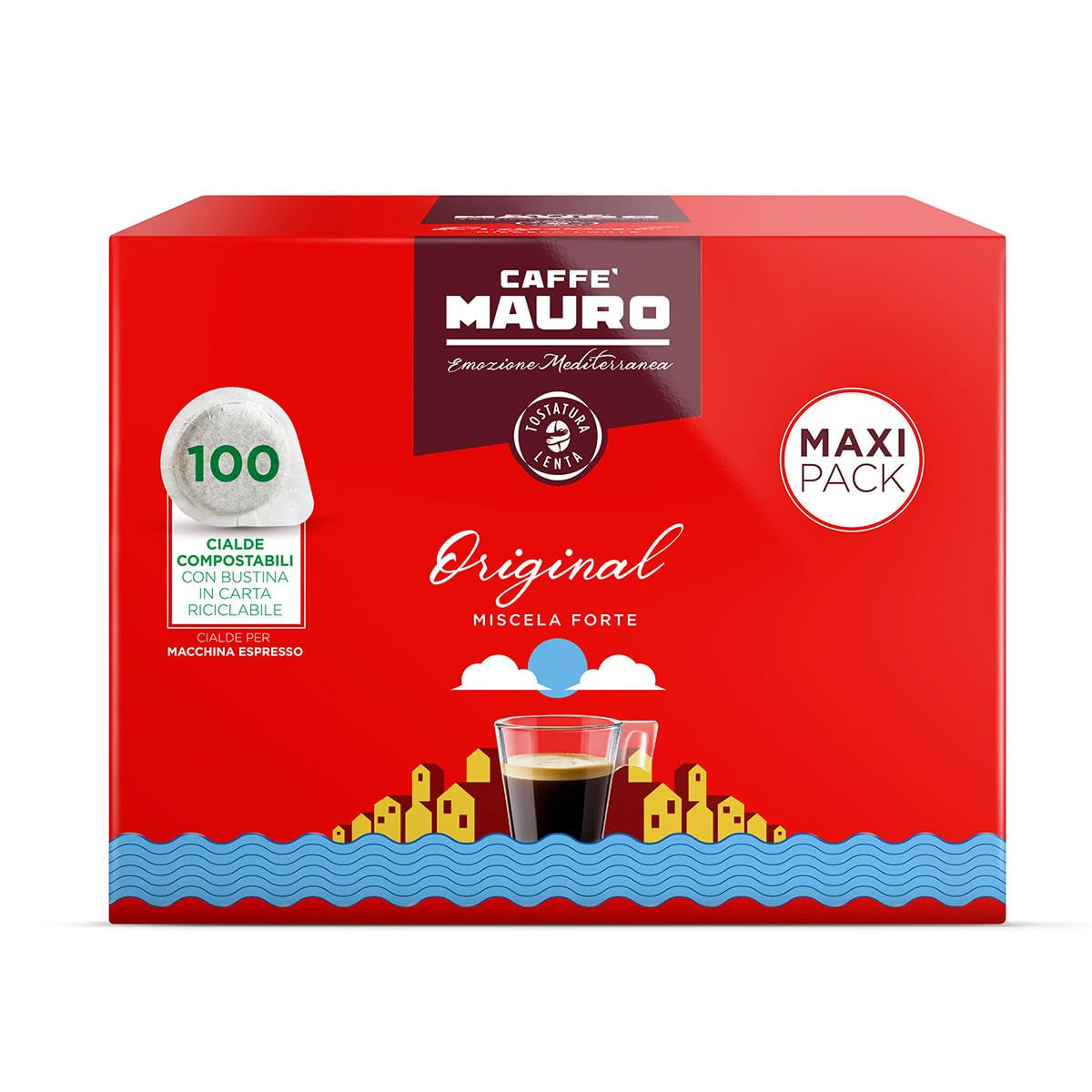 Caffè Mauro Torrefazione Kaffee Kompostierbare Pods, Recyclebare Verpackung, Original Mischung - 100 stück - Intensität 10/10 - Kompatibel mit ESE System Papier Pads 44 mm