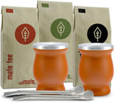 Set ceai Mate Bio ● 3 sortimente de Mate + 2 căni Mate din oțel inoxidabil cu pereți dubli + 2 bombillas + instrucțiuni de preparare (negru)
