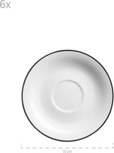 Mäser, seria Nola, serviciu modern de cafea pentru 6 persoane, alb cu margine neagră, set de veselă cu 18 piese, cești de cafea, farfurioare și farfurii de desert - serviciu rotund de cafea, set de cafea, alb