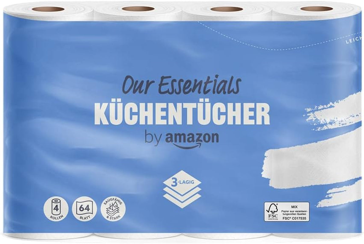 By Amazon Rolă de bucătărie, 3 straturi, 16 role (4 role, pachet de 4), 64 de foi pe rolă, certificată Fsc