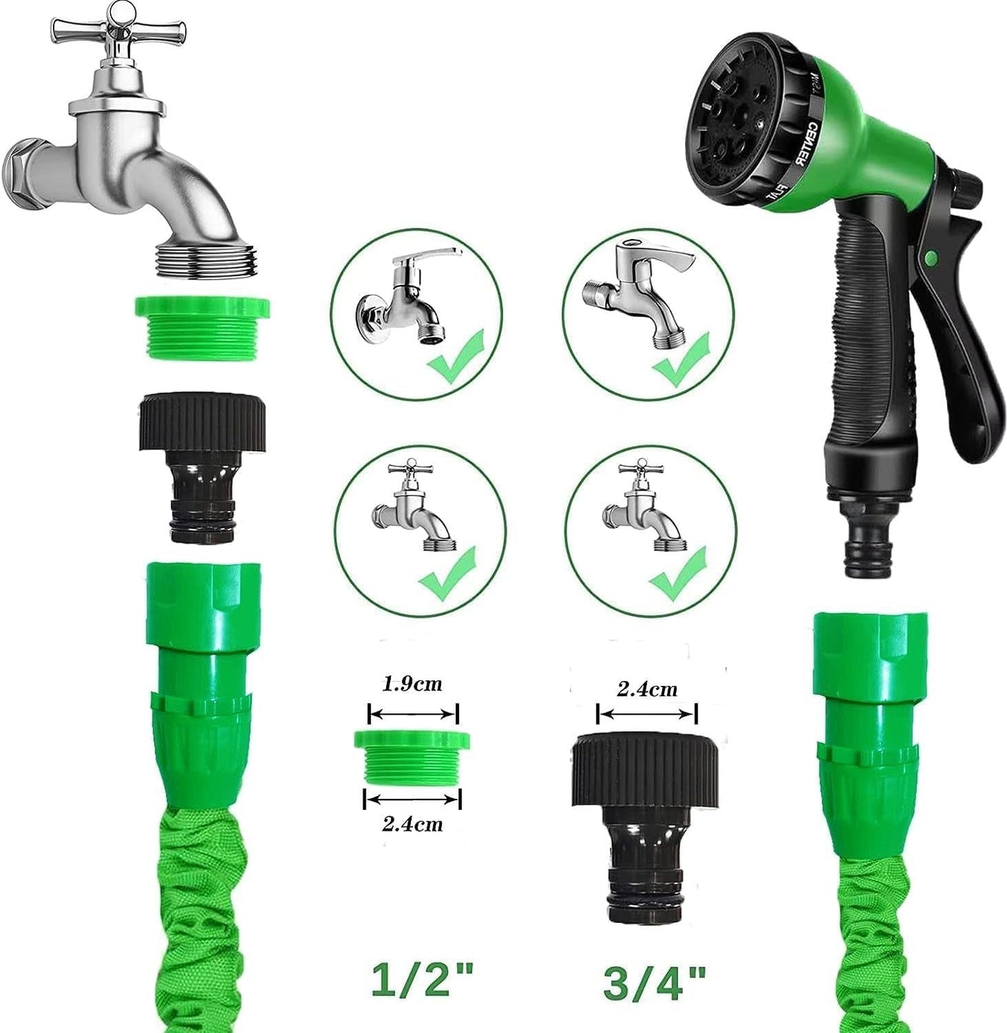 Furtun de grădină, furtun magic flexibil extensibil cu racorduri de 1,9 cm, 1,27 cm, duză de pulverizare cu 8 funcții, albastru sau verde, 15 m
