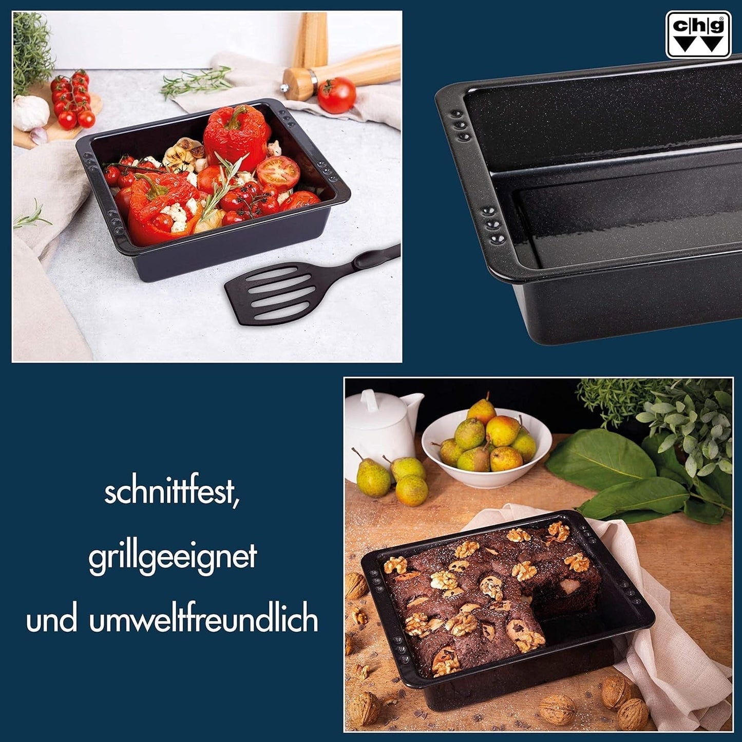 Chg SET 341-46-60 Extra Tiefe Ofenform (7,0 Cm) "Emaille" Mit Profi-Pfannenwender", Schwarz Gesprenkelt Matrite si tavi pentru copt Naty Shop