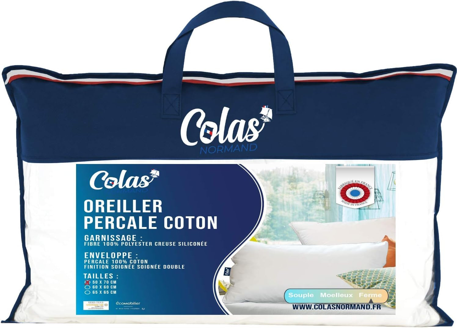 Pernă, Bumbac, Percale, 50 X 70 Cm, Finisaj fin, Confort, Percale, 100% bumbac, De înaltă calitate, Moale, Fabricat în Franța, Alb 73130220 Perne standard Naty Shop Titlu implicit