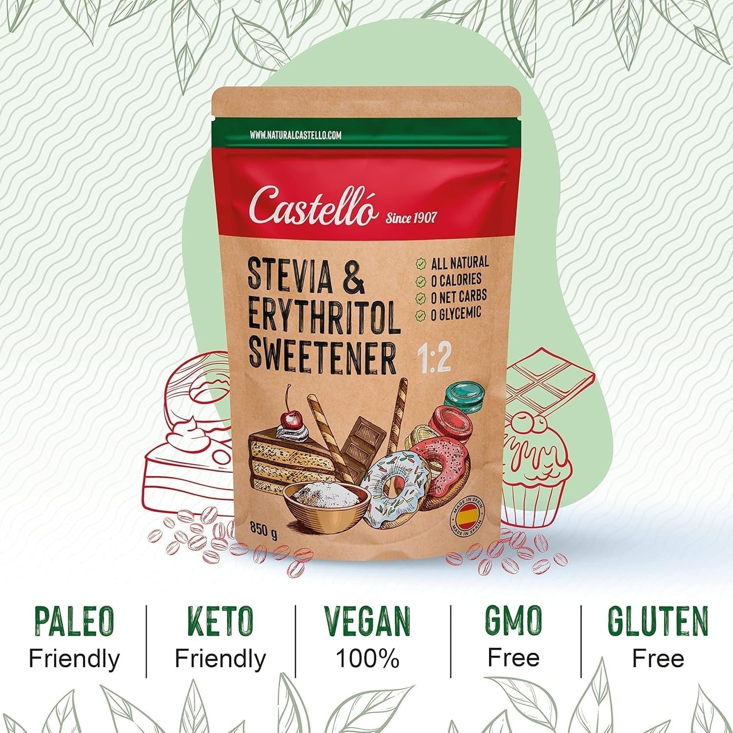 Stevia + Erythrit 1:2 Süßstoff | 1G = 2G Zucker | 100% Natürlicher Zuckerersatz - 0 Kalorien - 0 Glykämischer Index - Keto Und Paleo - 0 Netto-Kohlenhydrate - Kein GVO - Castello since 1907 - 850 G Indulcitori Naty Shop