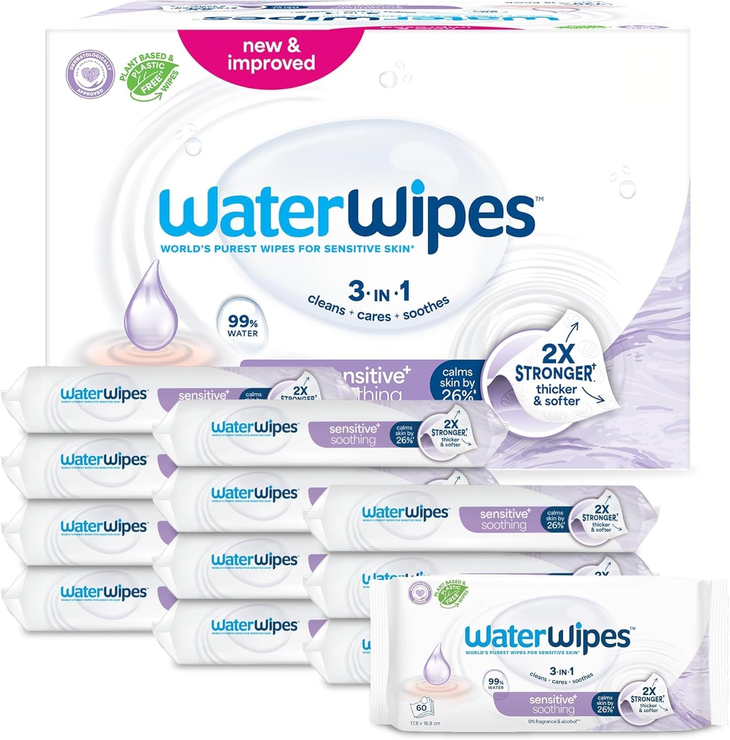 Șervețele umede WaterWipes Sensitive+ Soothing Clean, 720 bucăți (12 pachete), curățare, îngrijire și calmare 3 în 1, 99% apă cu extract de plante, șervețele umede pentru bebeluși fără parfum