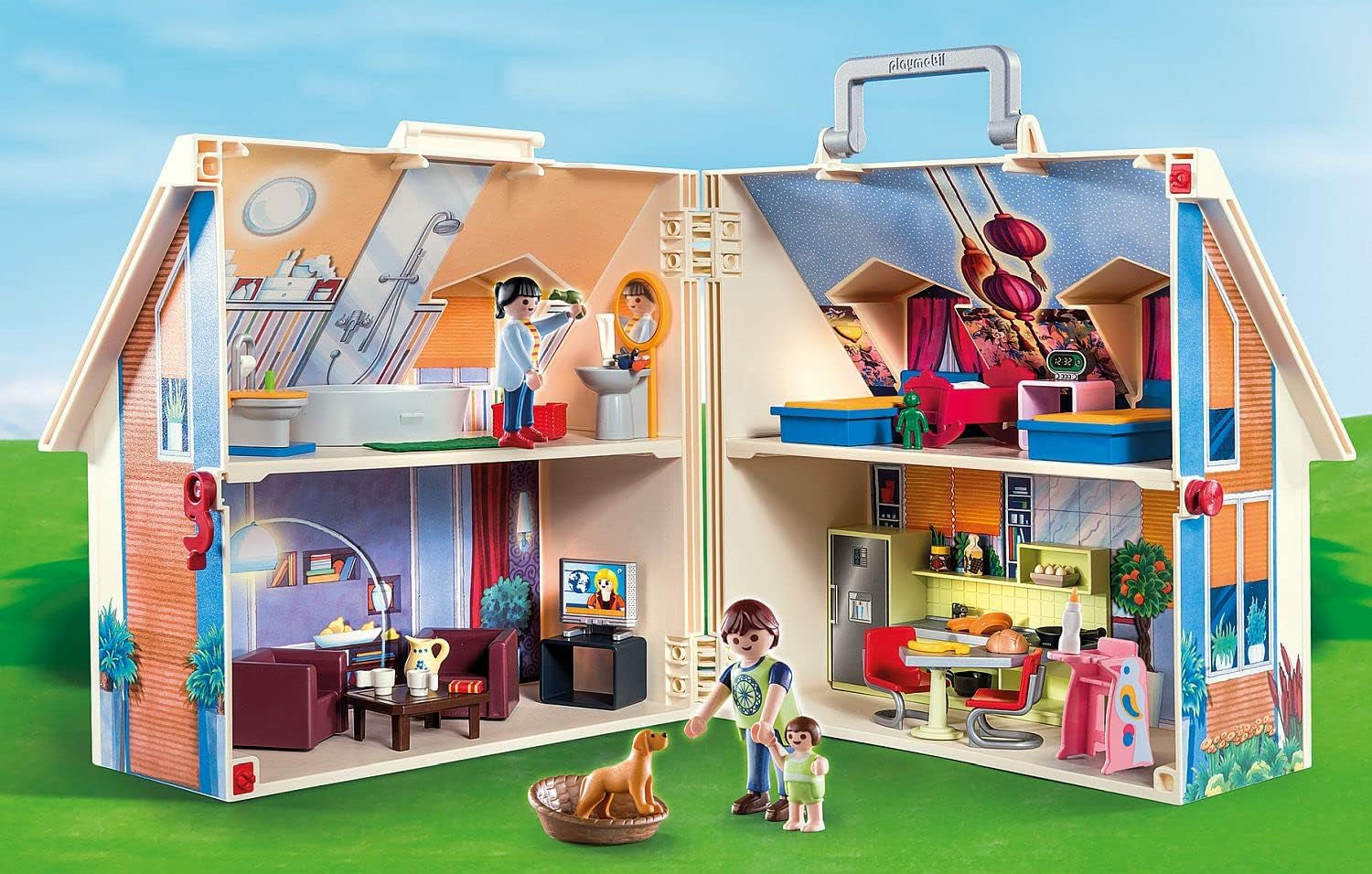 Dollhouse 70985 Casă de păpuși pliabilă cu mâner, jucărie pentru copii de la 4 ani și peste & Dollhouse 70209 Cameră pentru adolescenți cu figurină fetiță și accesorii, 4 ani și peste
