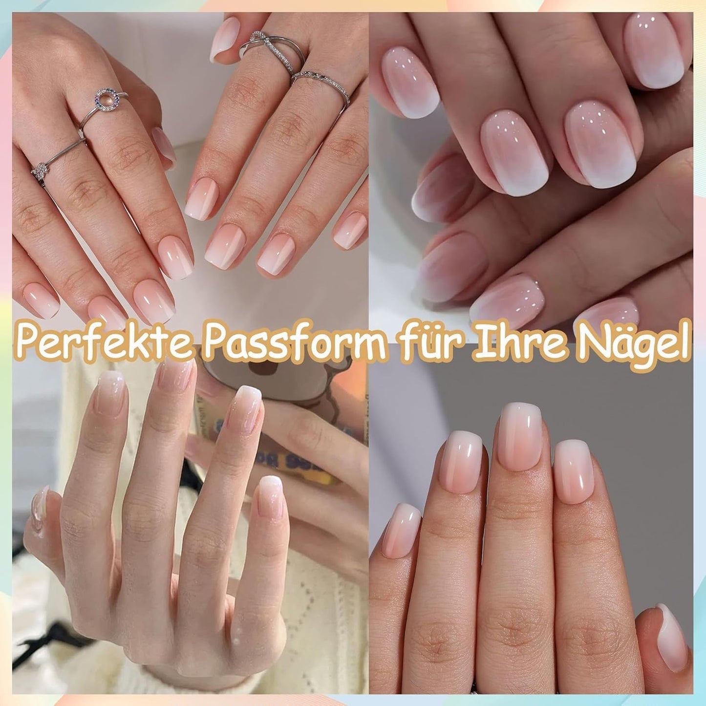 Set unghii false - 240 bucăți unghii scurte și pătrate, model gel moale, gradient alb nud, unghii false artificiale naturale pentru lipire, pentru femei DIY (gradient nud, 240X)