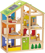 Casă de păpuși Hape Four Seasons - casă de păpuși cu trei etaje, din lemn, premiată, cu mobilier, accesorii, scări glisante și acoperiș reversibil pentru fiecare anotimp, pentru copii cu vârsta de 3 ani și peste